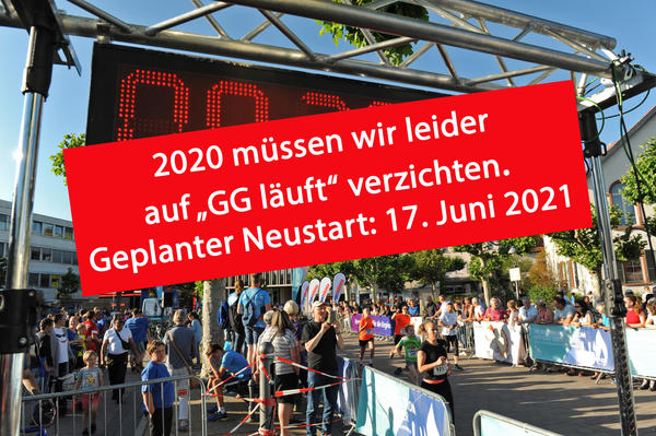 Szenenfoto des Stadtlaufs "GG l&auml;uft" mit Banner zur Absage im Jahr 2020.
