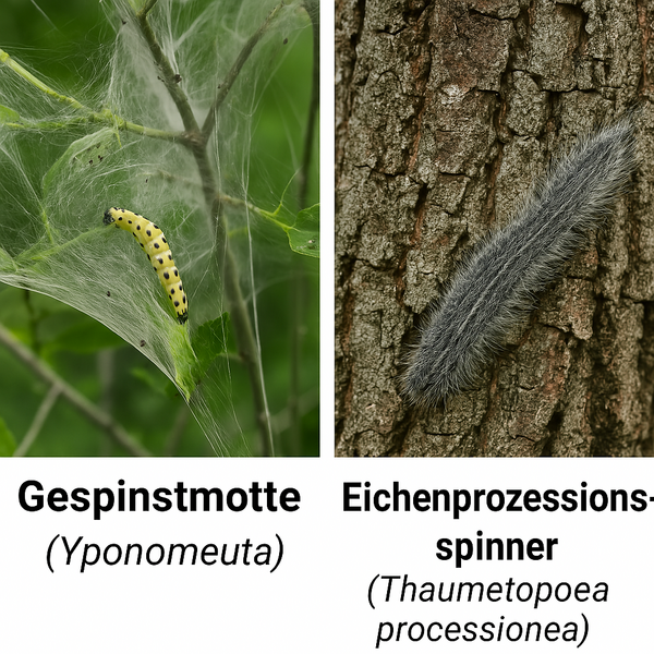 Gegen&uuml;berstellung einer Gespinsmotte und einem Eichenprozessionsspinner.