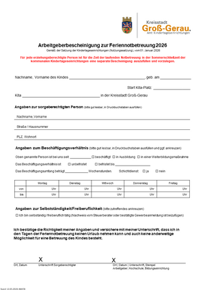 Bescheinigung des Arbeitgebers, dass den Sorgeberechtigten w&auml;hrend der Sommerschlie&szlig;zeit der Kitas kein Urlaub gew&auml;hrt werden kann.