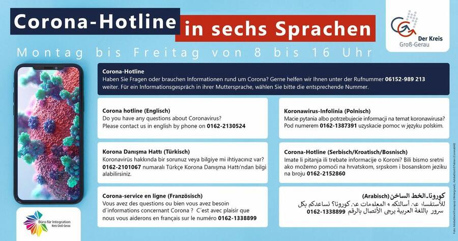 Kontaktdaten Corona-Hotline des Kreises Groß-Gerau in sechs Sprachen.