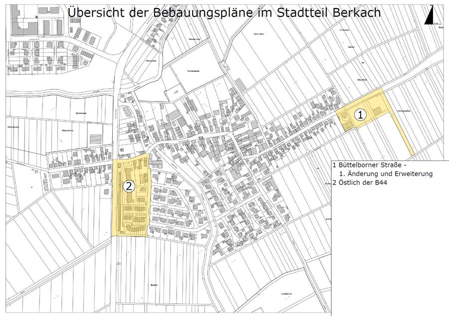 Zeigt die Bebauungspläne, mit einer Nummer versehen, auf einem Plan des Stadtteils. diese sind:
1. Büttelborner Straße
2. Östlich der B44