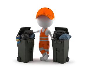 Eine Müllmann-Figur mit zwei vollen Mülltonnen.